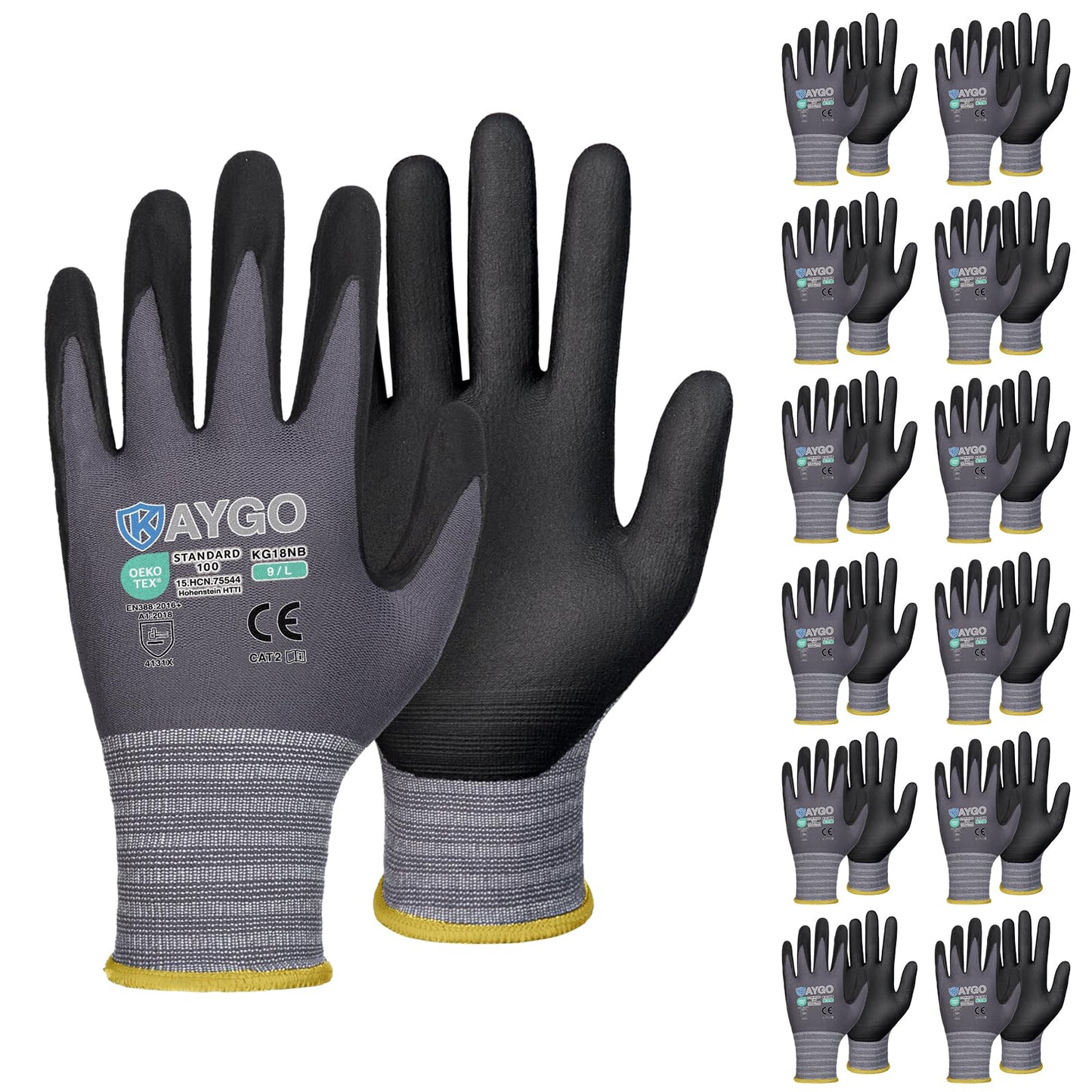 KAYGO Safety Work Gloves MicroFoam Nitrile Coated, 12 Pairs KG18NB,Seamless Knit Nylon Glove for Men and Women, Ideal for Automotive,Warehouse,Construction (Large,Gray)