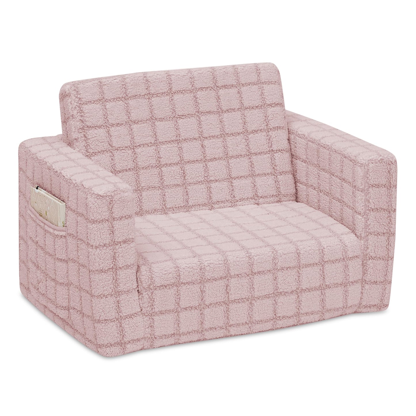 Delta Children Checkered Cozee Flip-Out Kids Chair, Snuggly Sherpa-Like Foam Convertible Armchair for Boys and Girls, Machine Washable Cover, Soft Comfy Toddler Seating for Playroom/Bedroom, Pink