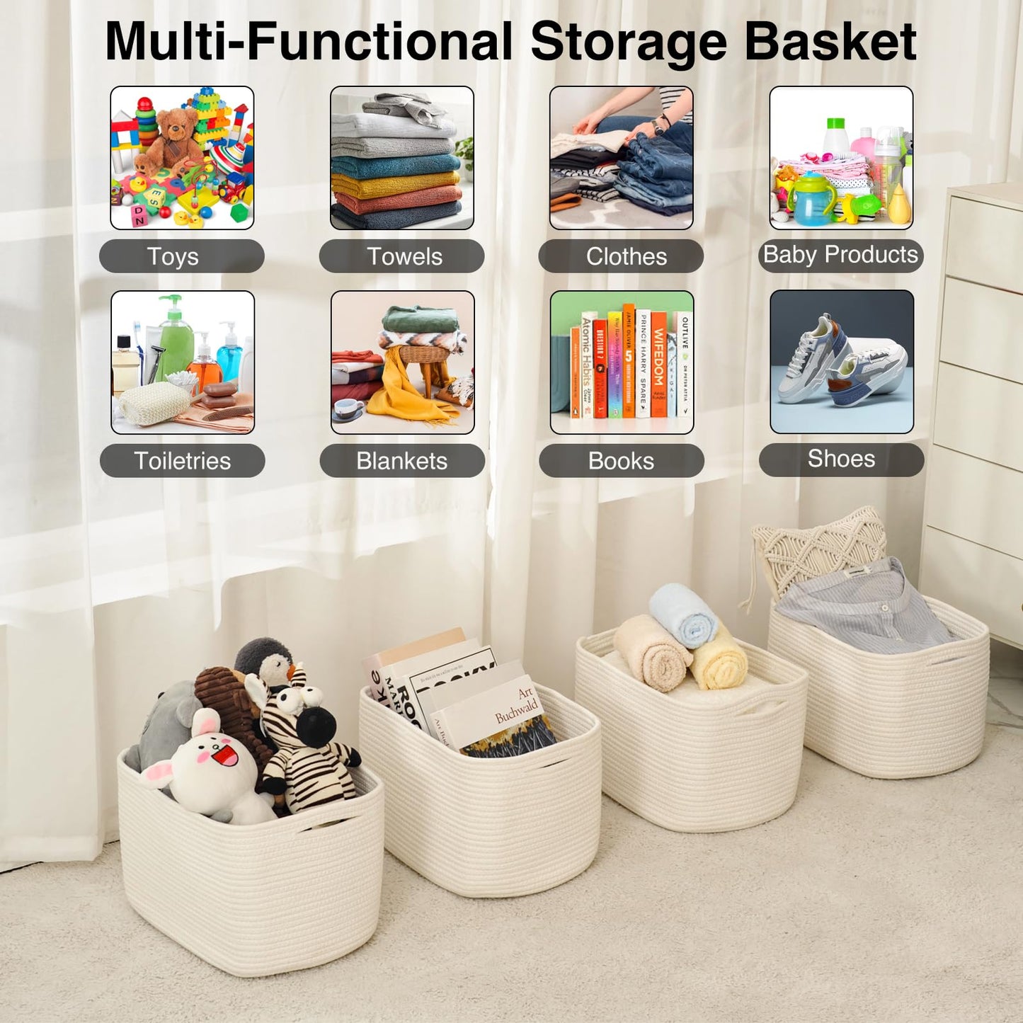 ICERZCZ Storage Baskets for Organizing & Shelves, Woven Cotton Rope Organization Bins for Dog Toys, Clothes, Books, Nursery Organizer, 15" Lx11''Wx9.5''H, (4 Packs) Off White