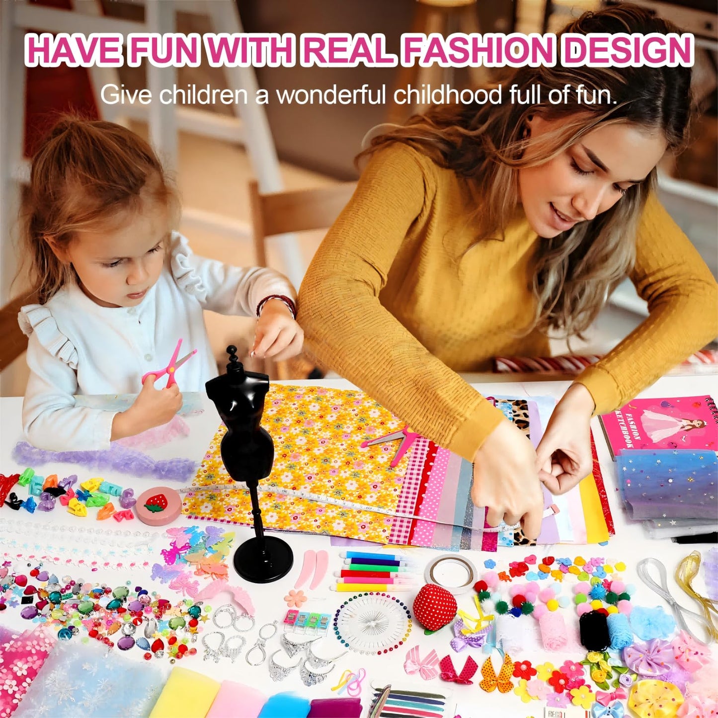 Axirata 1000+PCS Fashion Design Kit for Girls Creativity DIY Arts & Crafts Kit for Kids with 4 Mannequins, Fashion Designer Sketchbook, Sewing Kit for Teen Girls Birthday Gift Age 6 7 8 9 10 11 12+