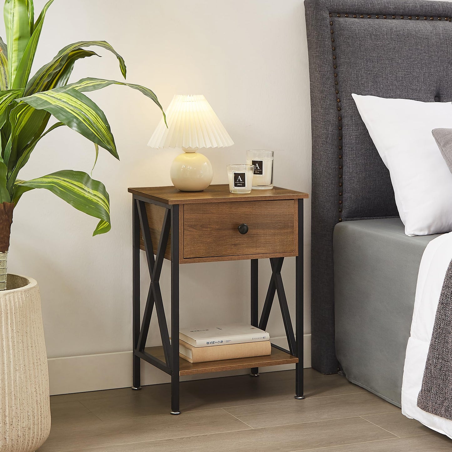 VECELO Nightstands Set of 2, Modern Bedside End Tables, Night Stands with Drawer and Storage Shelf for Living Room Bedroom, Industrial Metal Frame