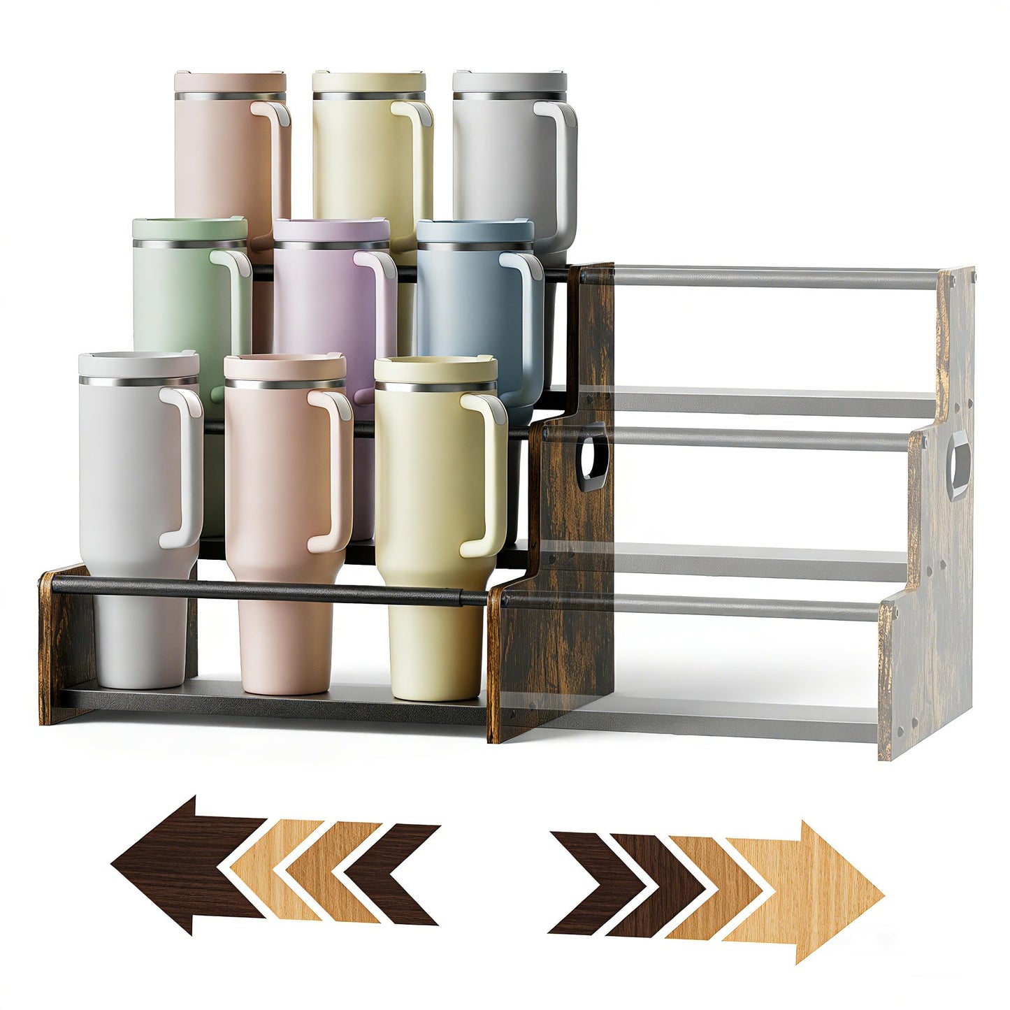 MOJOHAND Adjustable 3-Tier Stanley Cup Holder Rack, Expandable Water Bottle Organizer for 9-18 Stanley 40 oz Tumblers, Carbon Steel Kitchen Counter Storage