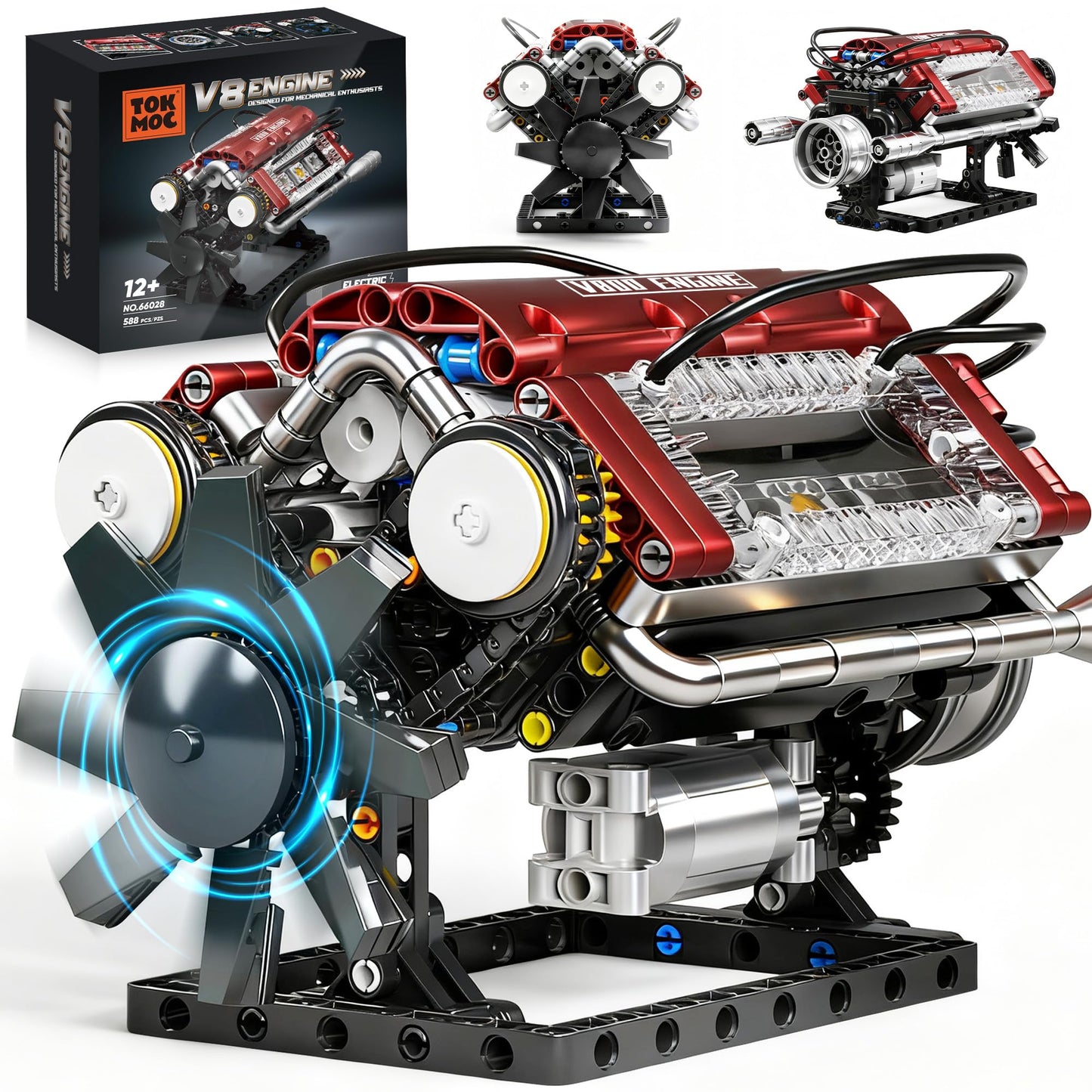 HGYYGACN V8 Engine Building Blocks Sets, V8 Engine Model Kit, Runnable Model Engine Building Sets, Mini Engine Kits with Crankshaft & Rotating Fan, for Adults & Kids