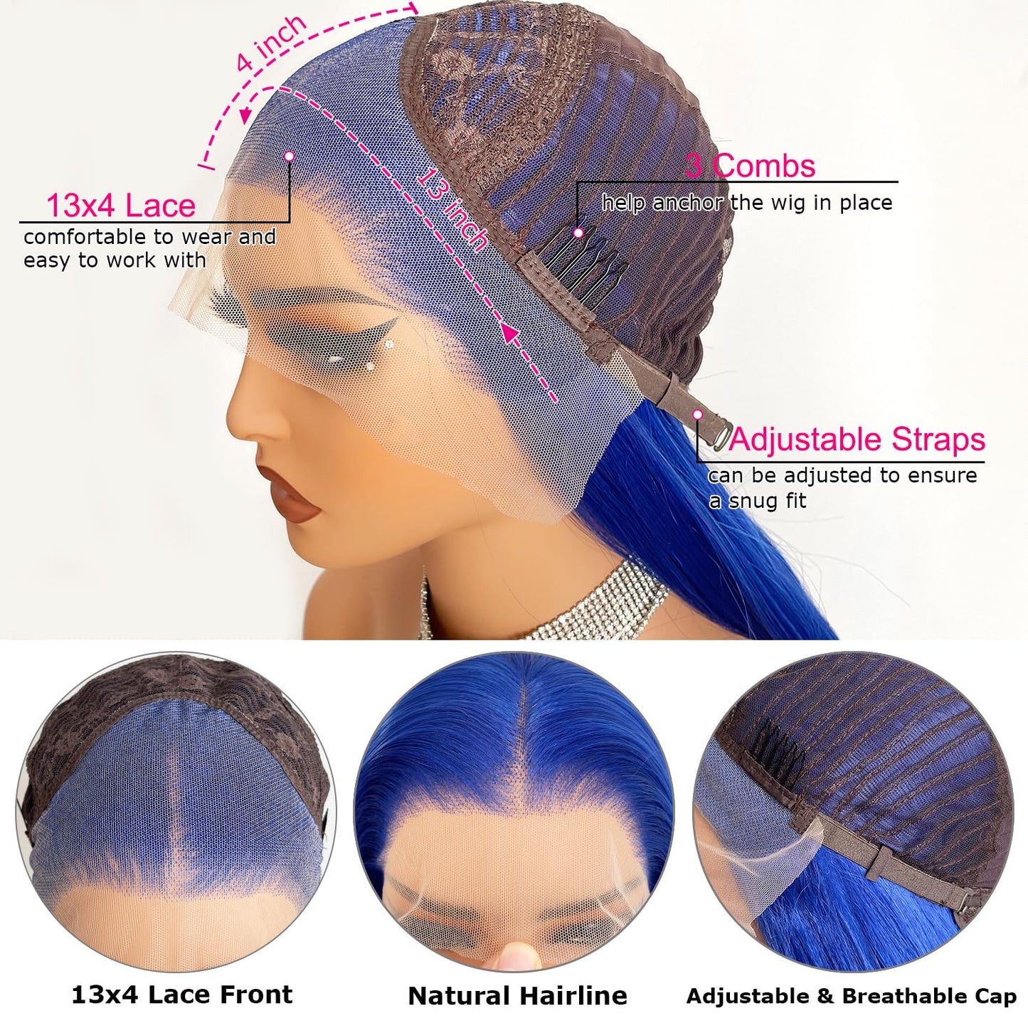 JPIKAQIU Blue Lace Front Wig Long Straight Navy Blue Synthetic Lace Front Wigs for Fashion Woman Heat Resistant Fiber Hair Glueless Lace Wigs Pre Plucked