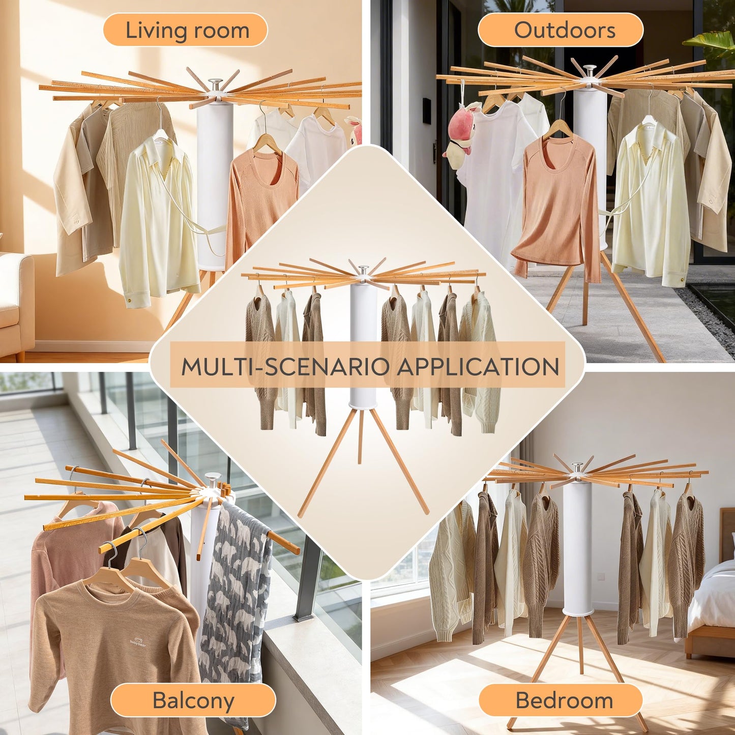 ZOFGENOW Clothes Drying Rack, Foldable Wooden Tripod Drying Rack Clothing for Small Apartments Balcony Bedroom, Portable Space Saving Laundry Rack, Floor Standing with 16 Poles for Indoor Air Drying