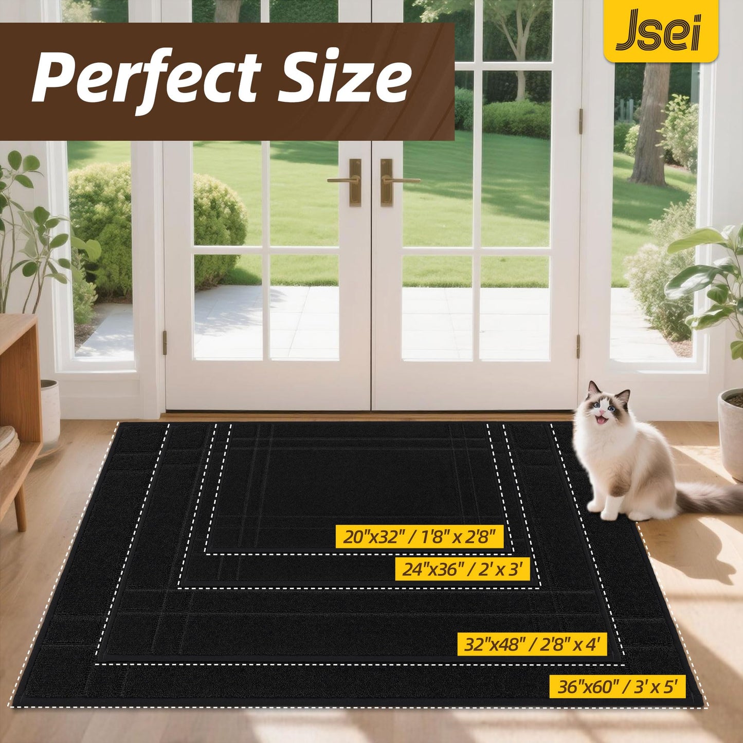 JSEI Entryway Rugs Doormat 24"x36", Non-Slip Dirt Trapper Door Mats Indoor, Washable Absorbent and Stain Resist Welcome Floor Mat for Front Door, Dog Door Mat, Dirty Wet Shoes & Paws, Black