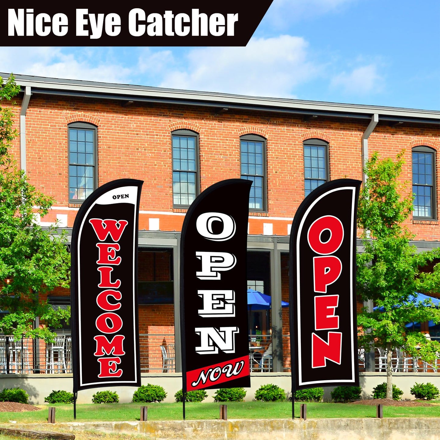 Buryeah 3 Sets Now Open Feather Flag Banner for Business Advertising 7 Feet Tall Grand Opening Feather Flag Sign with Fiberglass Pole Kit Rotating Ground Spike and Portable Bag (Black)