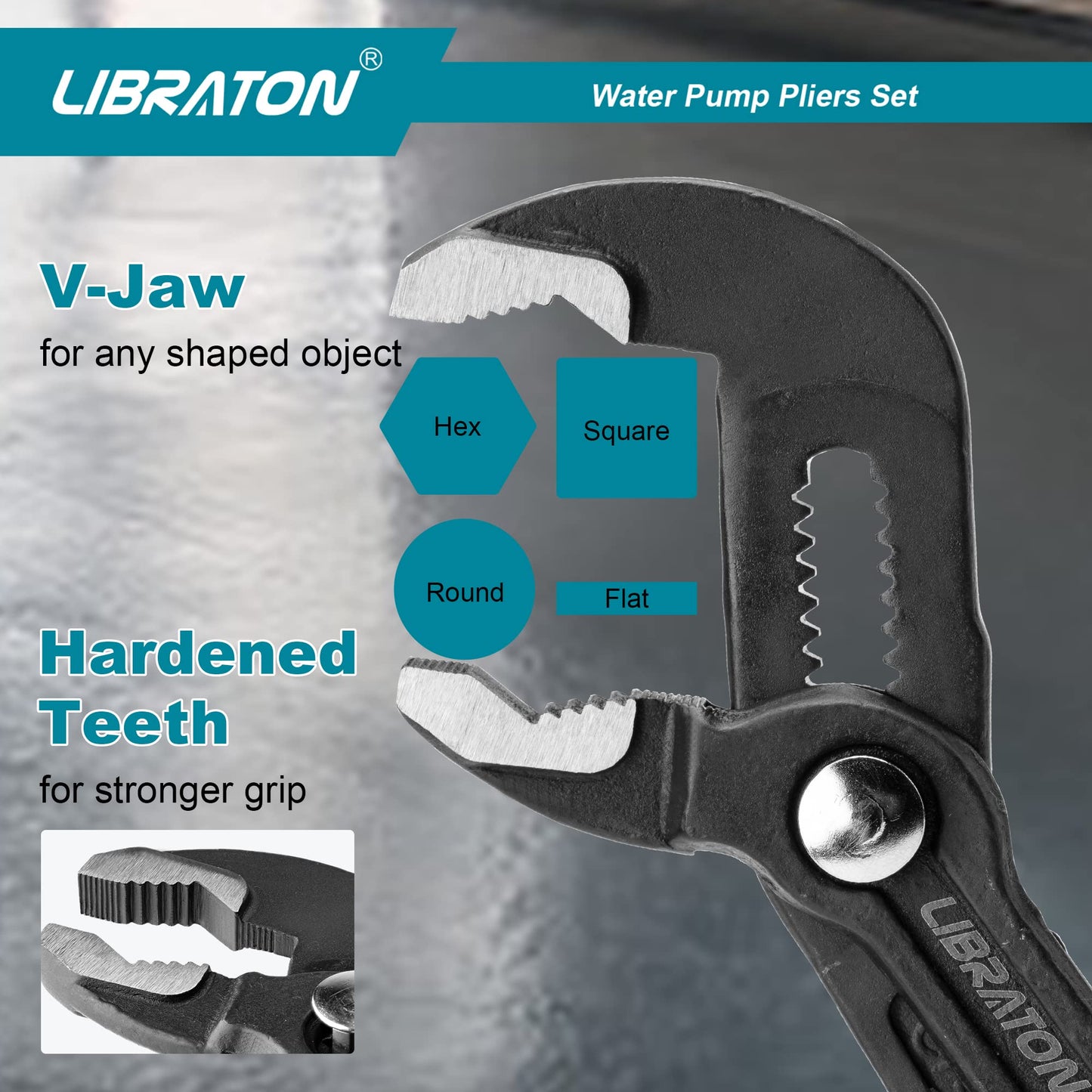Libraton Water Pump Pliers, Groove Joint Pliers Set, V-Jaw Tongue and Groove Pliers in CR-V Steel, 7 10 12Inch Plumbing Pliers, Adjustable Pliers, Ratcheting Push Button Adjustment Mechanism