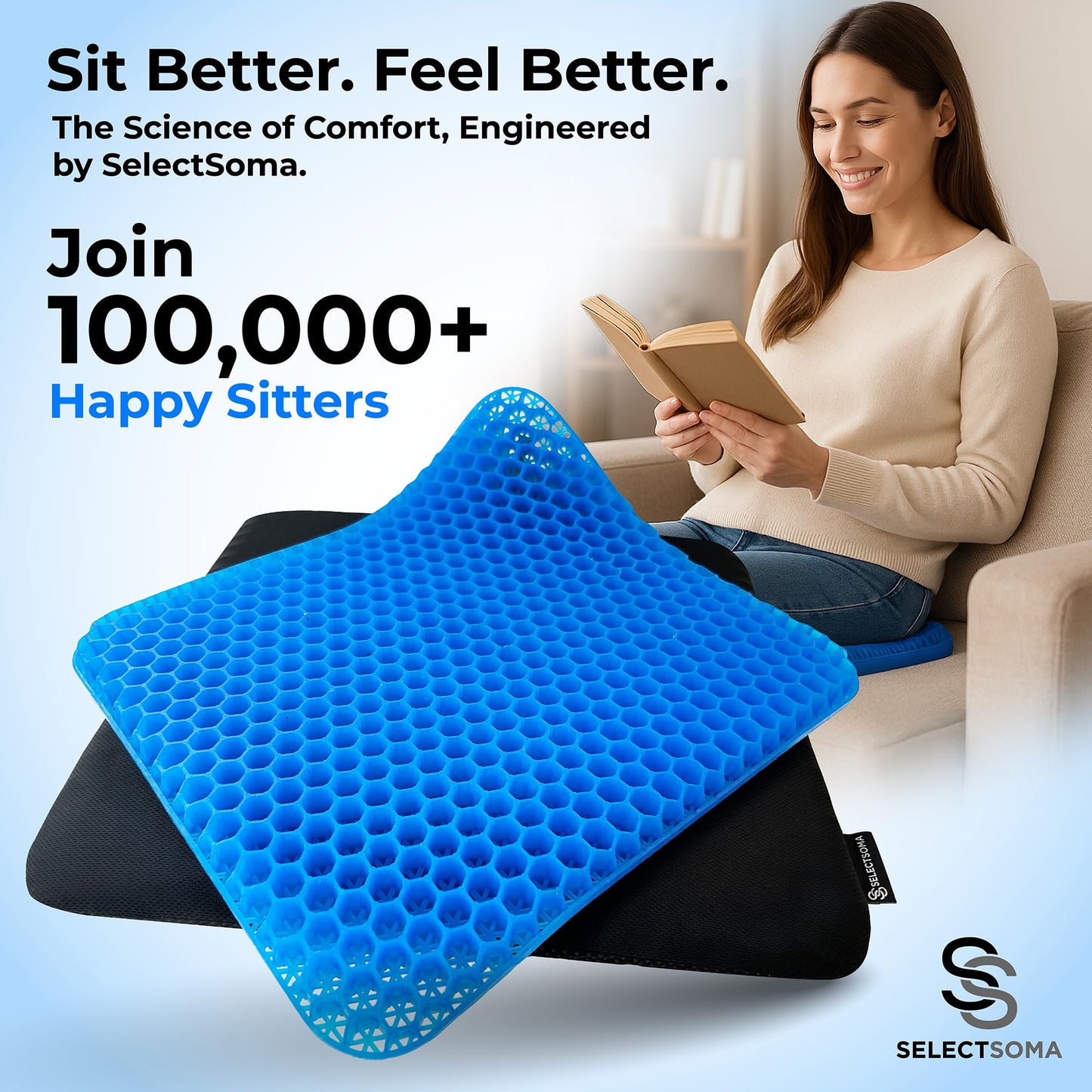SelectSoma Double-Thick Gel Seat Cushion for Long Sitting Pressure Relief for Back, Sciatica, Coccyx, Tailbone Pain - Cushion for Airplane Travel, Office Chair, Wheelchair, Car & Truck - Egg Seat Pad