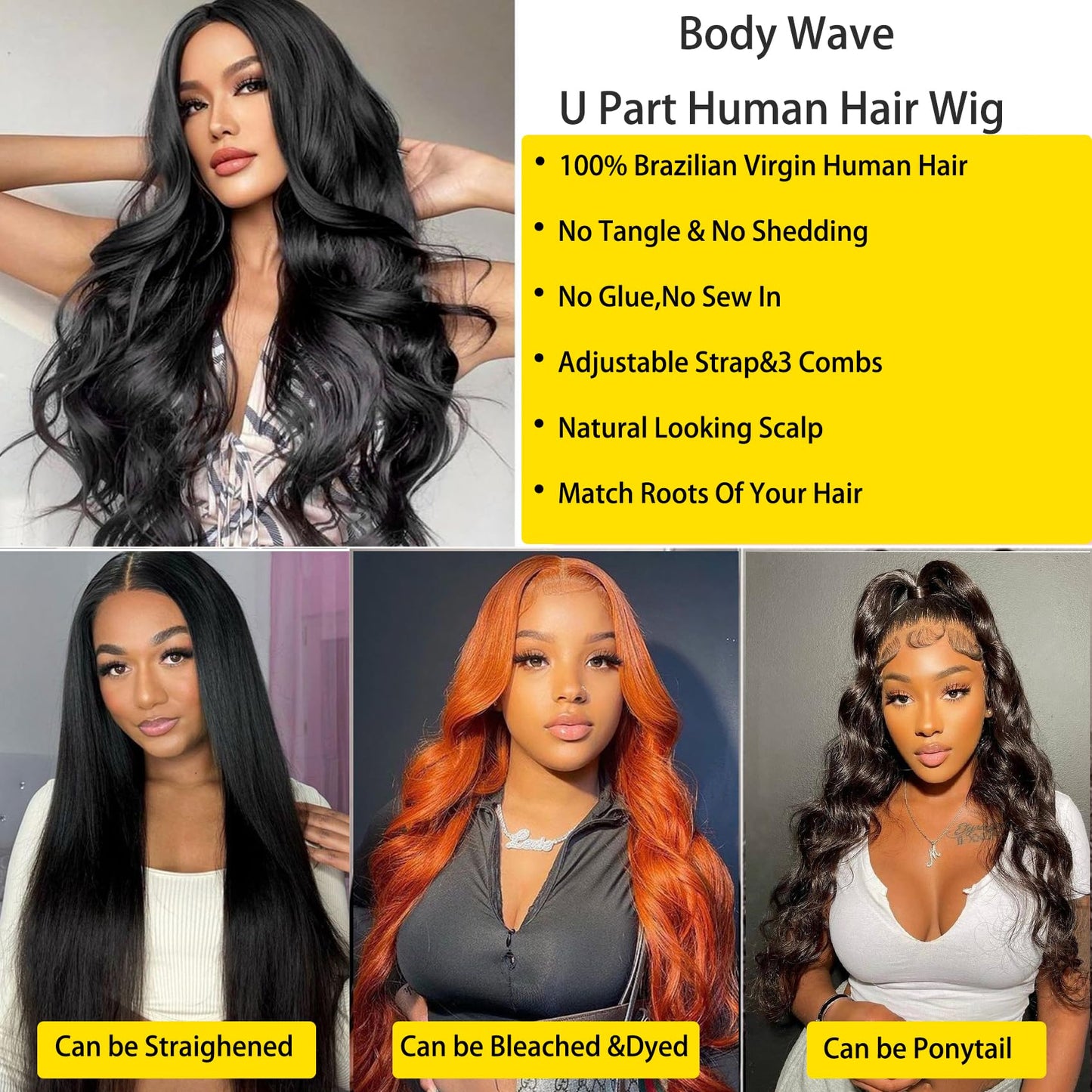 beautkol U Part Human Hair Wig Body Wave 18 Inch Brazilian Virgin Hair Glueless Wigs Human Hair 180% density U Part Wig for Black Women U Part Wig Human Hair Upart half wig Natural Black Color