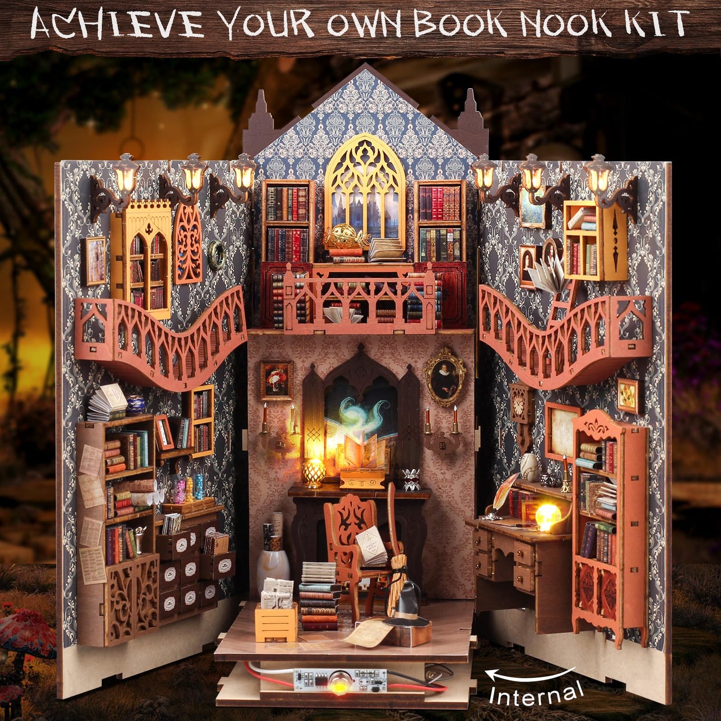 DIY Book Nook Kit - Dollhouse Miniature House Bookshelf Insert Decor Crafts for Adults Teens Halloween, 3D Wooden Puzzle Bookends with Sensor LED Light and Dust Cover