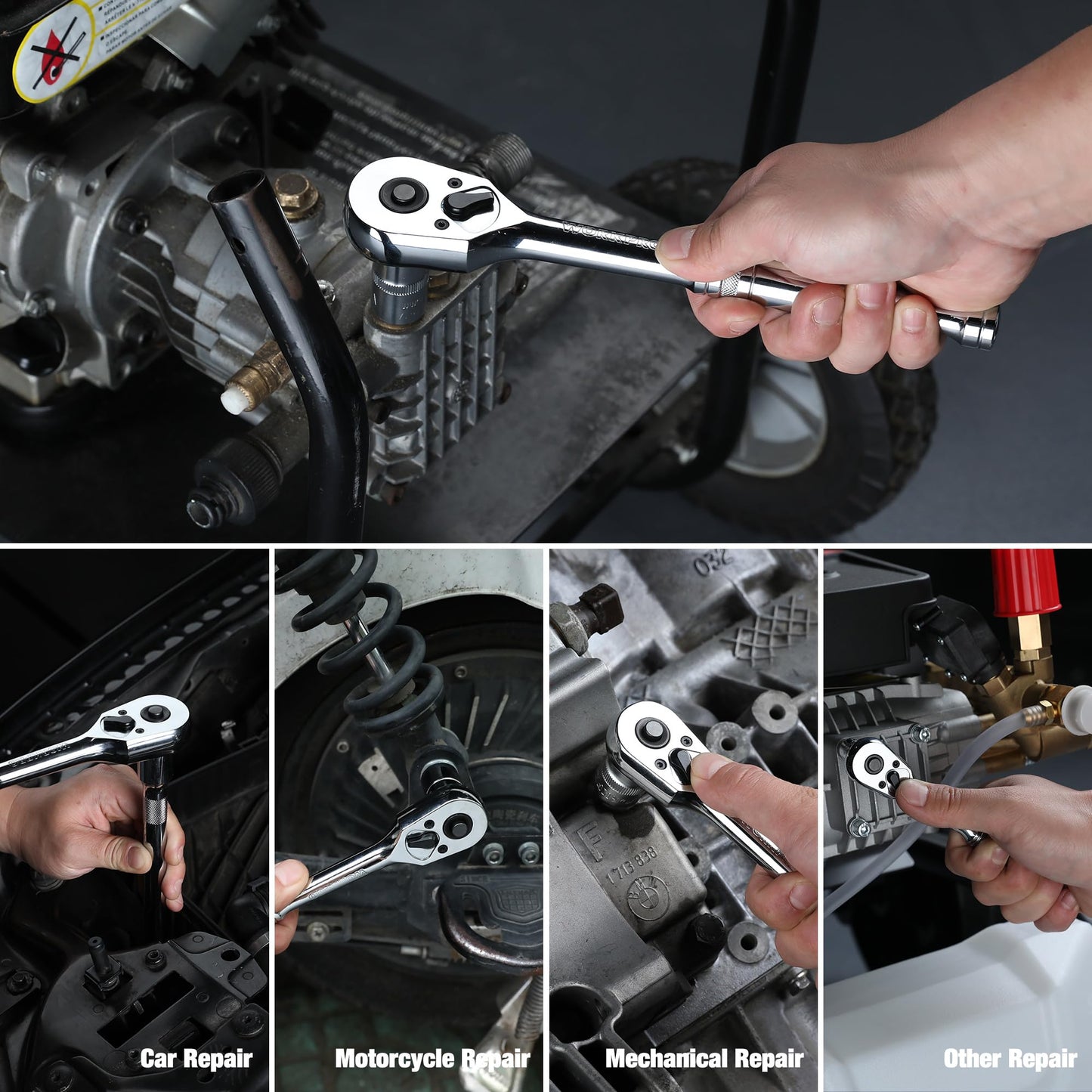 WORKPRO 3-Piece Ratchet Set, Quick Release Reversible, 72-Tooth, 1/4", 3/8", 1/2" Drive Ratchet Wrench, 5 Degree Swing, Chrome Alloy Made, Full Polished, EVA Storage