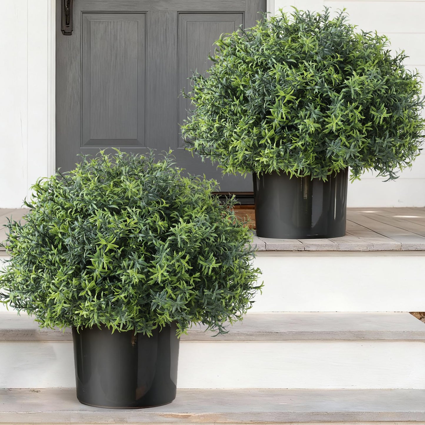 2 Sets Artificial Rosemary Topiary Ball Trees for Front Door - UV Resistant Faux Outdoor Rosemary Bushes, Fake Spring/Summer Greenery Potted Plants for Farmhouse Garden Porch Outside Decor