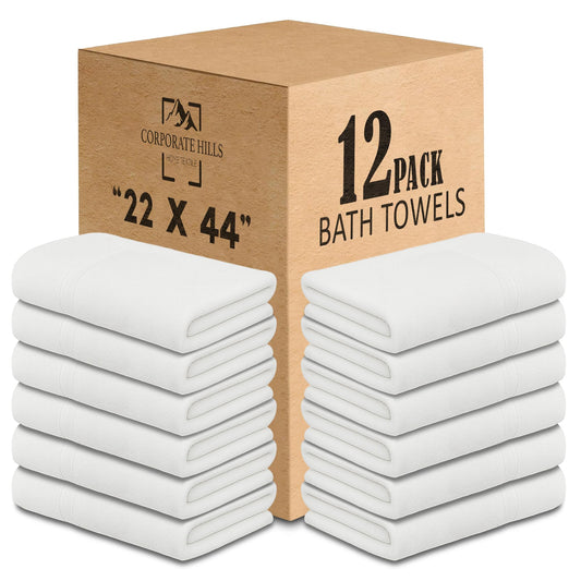 CH White Bath Towels Bulk 12 Pack (22 x 44 Inches) - 100% Cotton Economy Light Weight Towels for Commercial Use - Quick Dry, Ultra-Soft, and Absorbent Bulk Towels