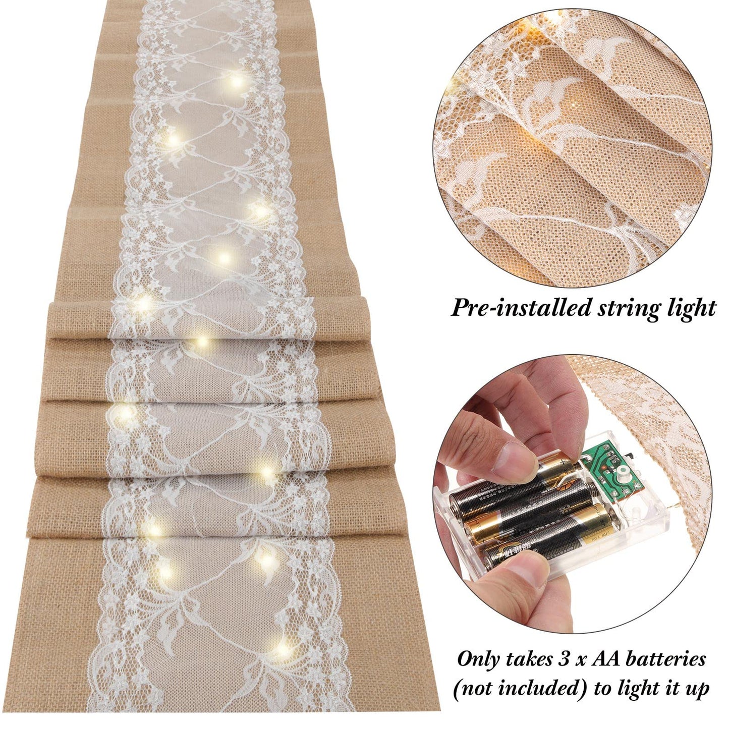 Xinnun 6 Pcs Burlap Table Runner with Lights 12 x 108 Inches Burlap Lace Table Runner Rustic Wedding Decorations Home Party (Vine)
