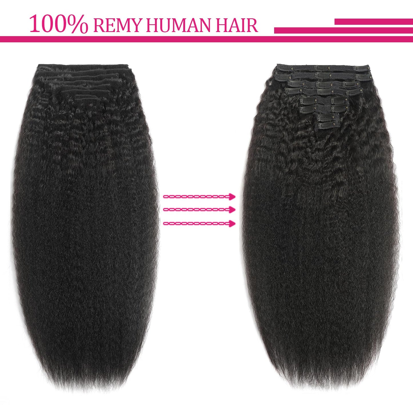 Kinky Straight Clip in Hair Extensions Real Human Hair 8Pcs 120g Kinky Clip Ins Full Head Brazilian Remy Hair Extensions for Women Natural Black Double Weft Hair Extensions Clip Ins 20 Inch