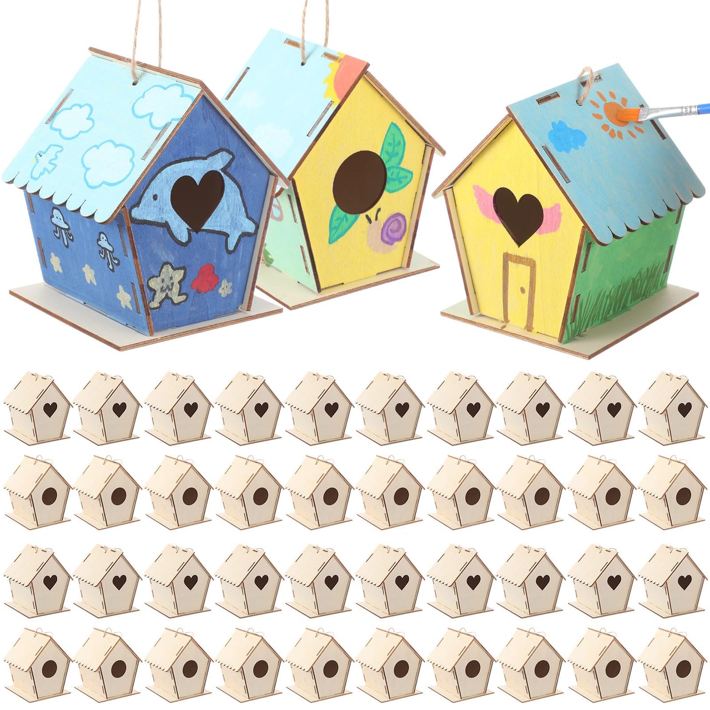 DoubleFill 12 Pack Wooden Bird Houses Bulk for Kids Crafts Bird House DIY Unfinished Wood Birdhouse Kit Wood Painting Kit to Build and Paint Unpainted Birdhouses for Children Gift DIY Art Activity