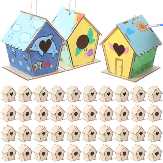 DoubleFill 12 Pack Wooden Bird Houses Bulk for Kids Crafts Bird House DIY Unfinished Wood Birdhouse Kit Wood Painting Kit to Build and Paint Unpainted Birdhouses for Children Gift DIY Art Activity