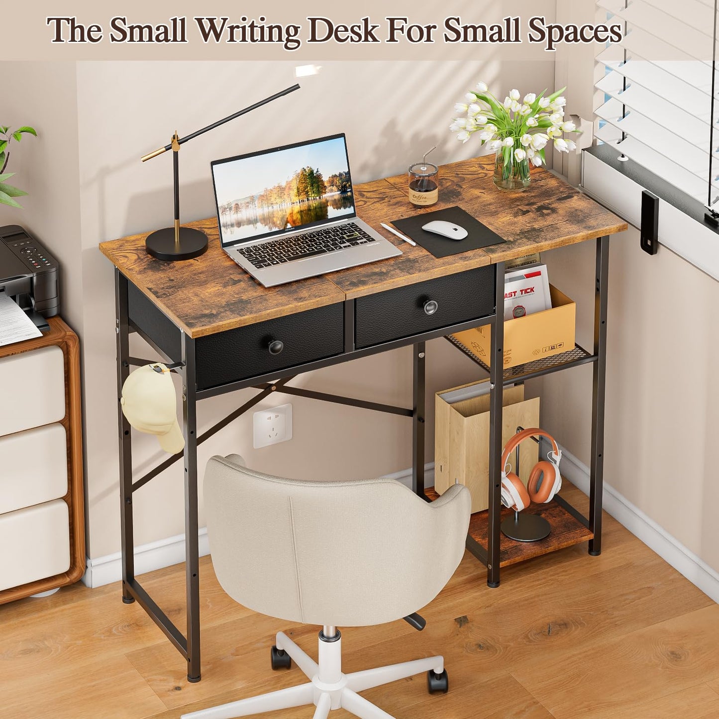 DAOUTIME Small Computer Desk, 36 Inch Writing Desk with Drawers & Storage Shelves, Home Office Writing Desk for Small Spaces, Bedroom, Living Room, Dorm, Rustic Brown