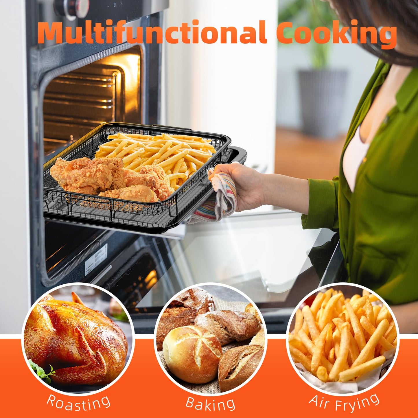 Air Fryer Basket, 2 Set Oven Air Fryer Basket and Tray with 60 PCS Parchment Papers, DEGOVIN Crisper Tray Non-stick Stainless Steel Air Fry Pans for Convection Oven(14.88"×10.98"& 13"× 9.7"-Black)