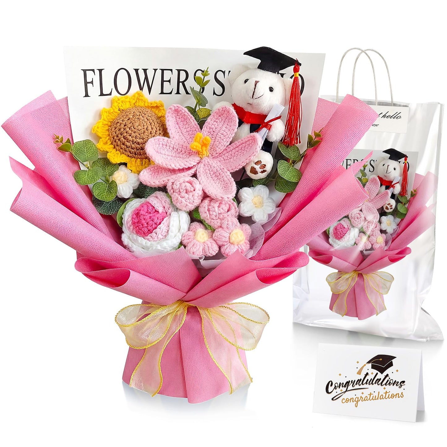 Giegxin Graduation Crochet Flowers Bouquet Set 2026 Grad Cap Plush Bear Hand Knitted Rose Tulip Daisy Sunflower Bouquet Greeting Card Gift Bag for Wedding Birthday Party Favors(Pink)