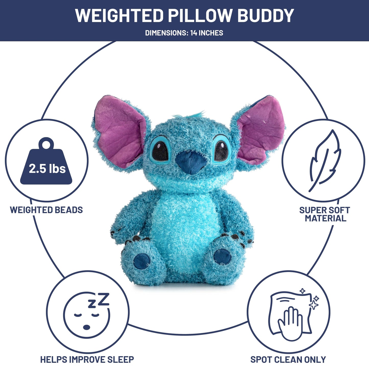 Jay Franco Weighted Disney Plush Pillow Buddy - 2.5 lbs Soft Plushie Stuffed Pillow, 14 Inches, Blue - Stitch