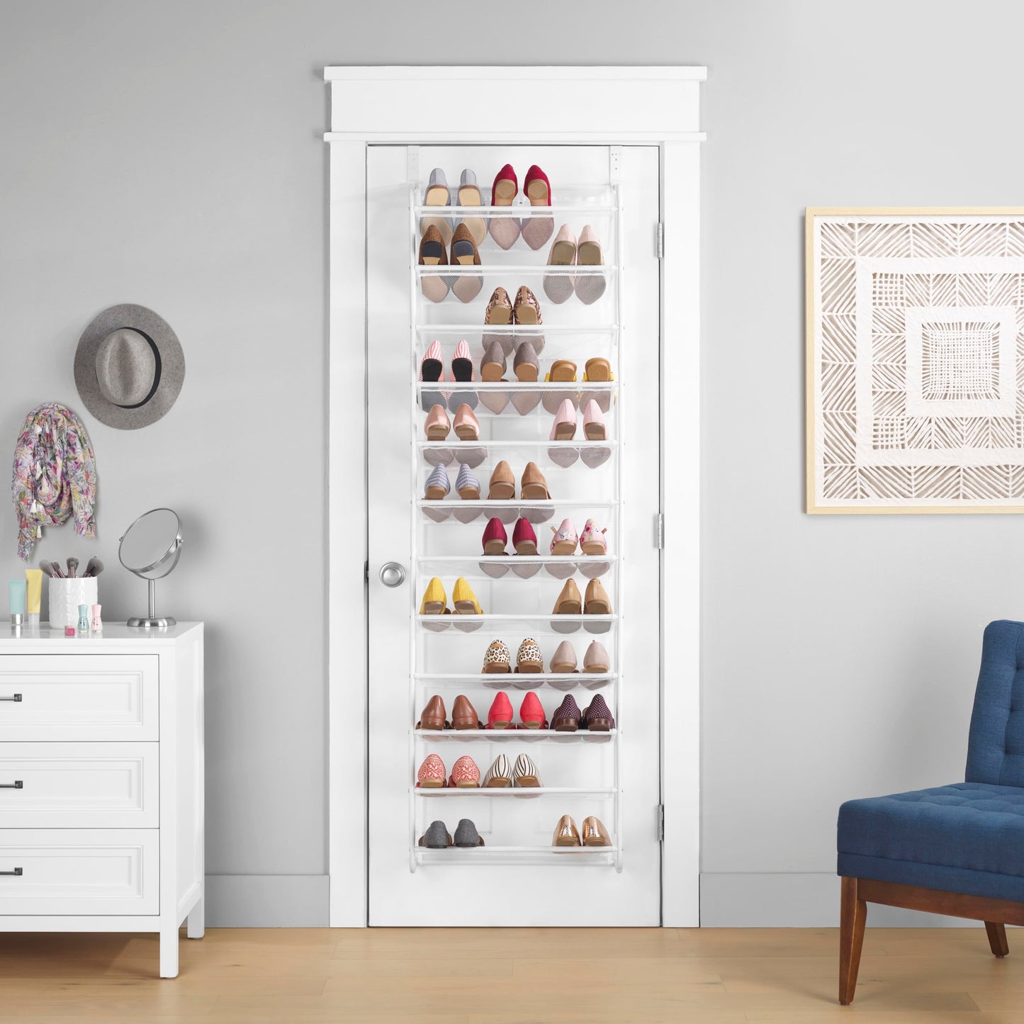 Whitmor 36 Pair Over the Door Shoe Rack, 12 Tier Hanging Shoe Organizer, Heavy Duty Metal & Mesh Shoe Holder, Hanging Shoe Rack for Closet Organizer & Storage, 74"L x 21.7"W x 7.5"H, White