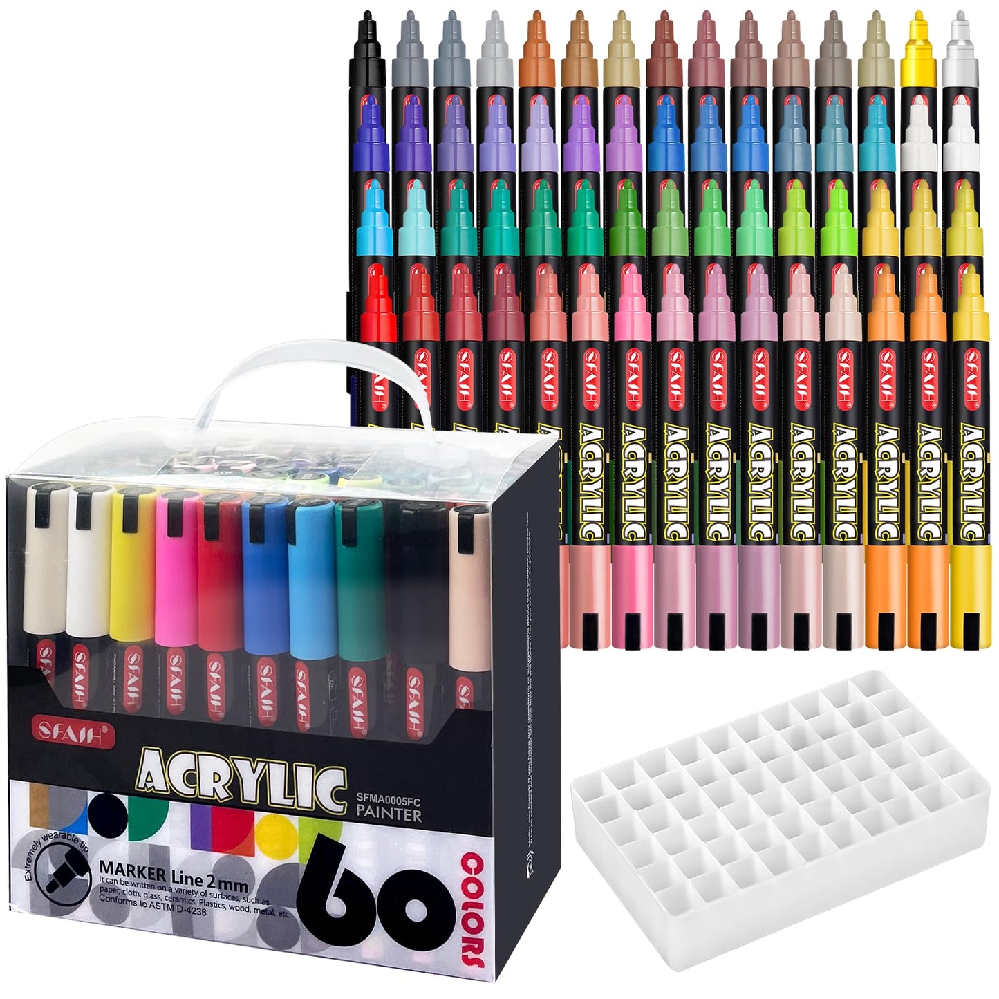 SFAIH Acrylic Creative Markers Set of 60 With 14 Metallics, Organizer, 3mm Medium Tips - Holiday Paint Markers, Gift for Kids and Adults - Art Supplies