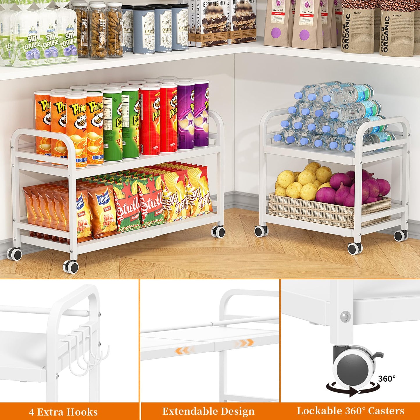 DAOUTIME 2-Tier Expandable Rolling Cart, Pantry Storage Cart with Wheels, Adjustable Rolling Pantry Floor Organizer, Metal Under Desk Cart, Sturdy Can Storage & Snack Organizer for Kitchen Pantry