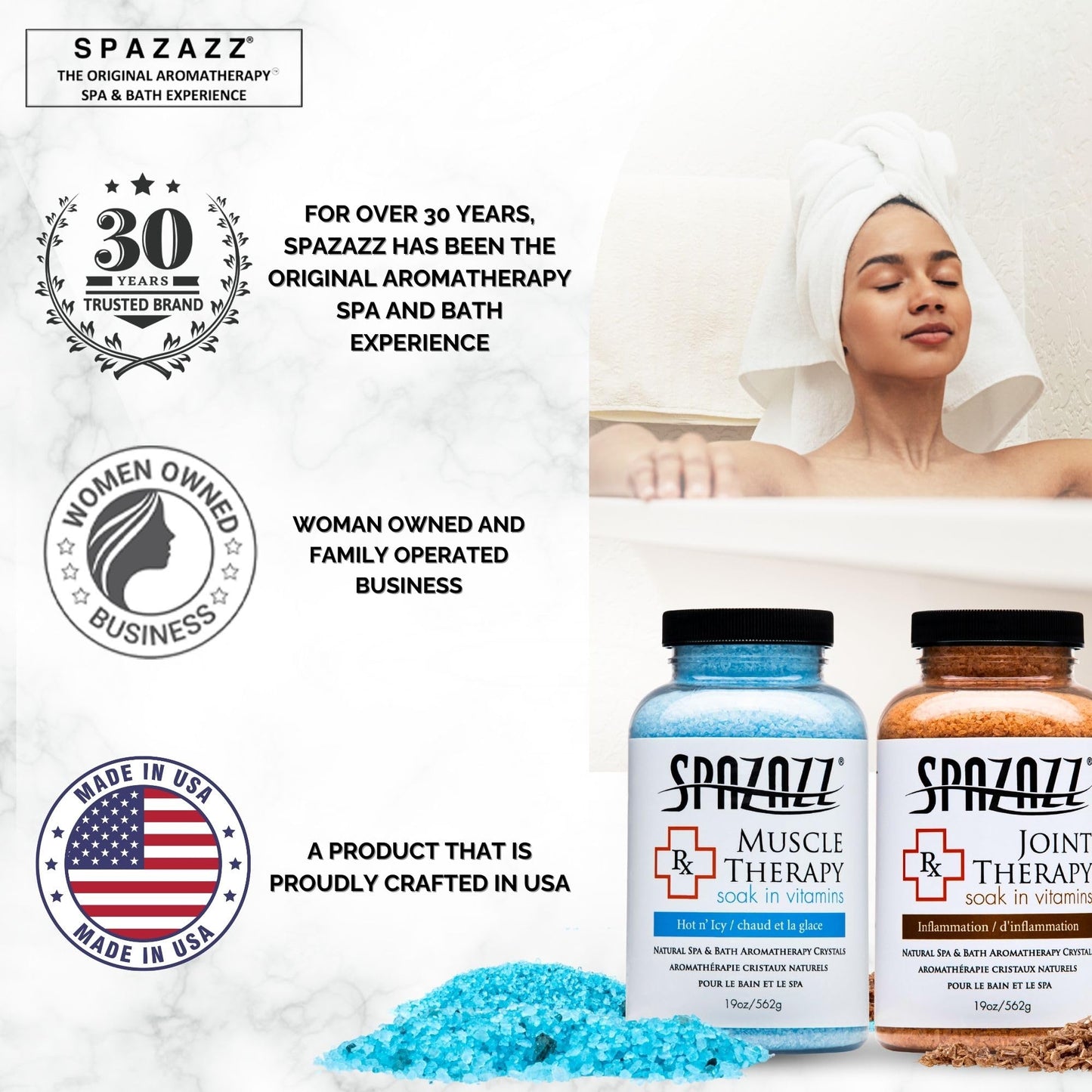 Spazazz Aromatherapy Spa and Bath Salts Crystals RX Therapy Collection 2 Pack Bundle- One 19 Oz Jar Each Spazazz Muscle Therapy and Joint Therapy- Dead Sea Bath Salt Crystals