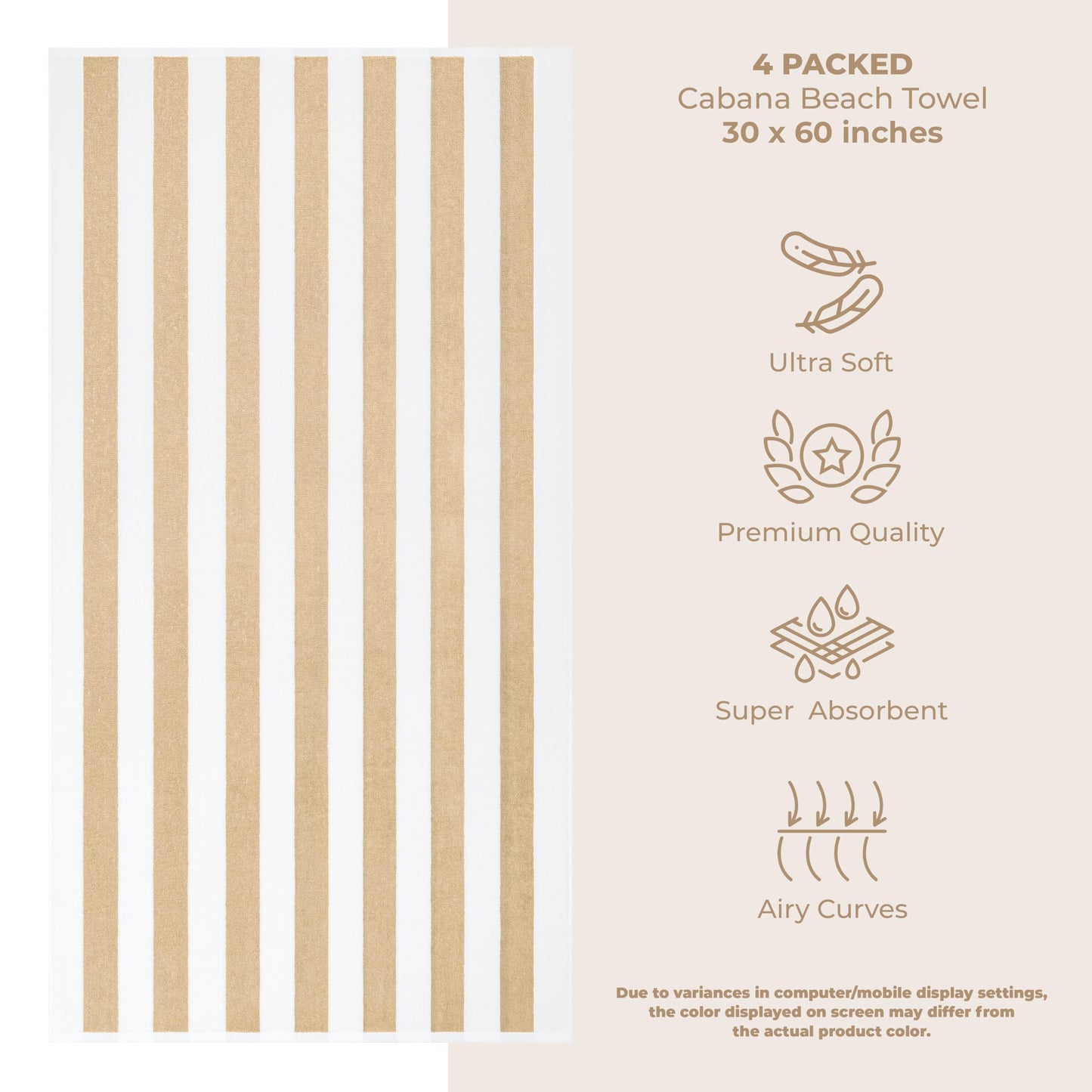 American Soft Linen Cabana Striped Beach Towels, 30x60 inch 4 Piece Oversize Pool Towels, Quick Drying Sand Free Swim Towels, Beige