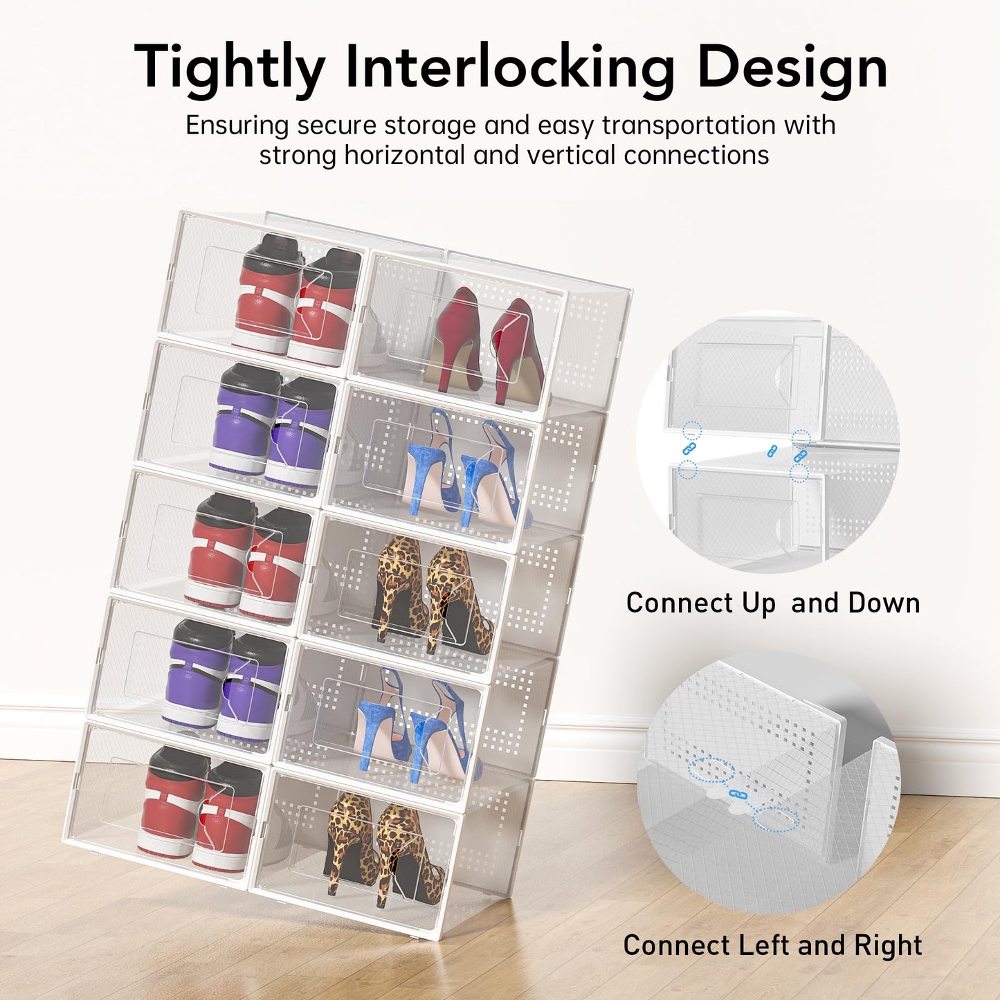 Foluck X-Large Shoe Storage Box, 15 Pack Clear Plastic Stackable Shoe Organizer for Closet, Interlocking Design Shoe Container Bins for Sneakers, Foldable Shoe Rack with Lids, White