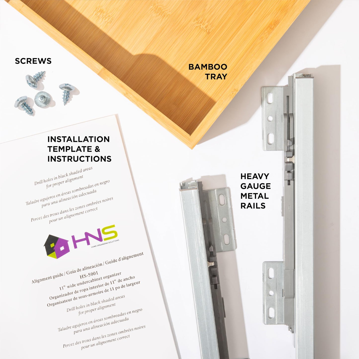 HOLDN’ STORAGE Bamboo Wooden Pull out Cabinet Organizer 11" W x 20" D - Requires At Least a 12.25" W x 21" D. Cabinet Opening. W/Lifetime Limited Warranty. Bamboo Tray and Heavy gauge metal rails.