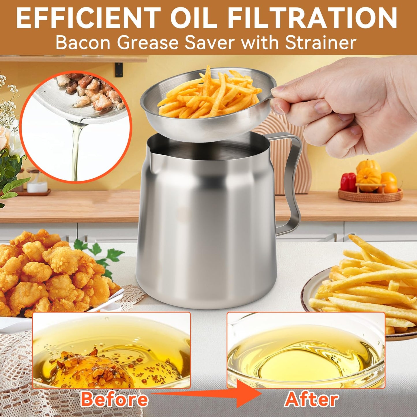 2L Oil Filter Pot Bacon Grease Saver with Strainer, 68oz Steel Pour Fryer Large Capacity Bacon Grease Container with Cooking Thermometer & 50 Wax Papers Stainless Steel for Kitchen Camping