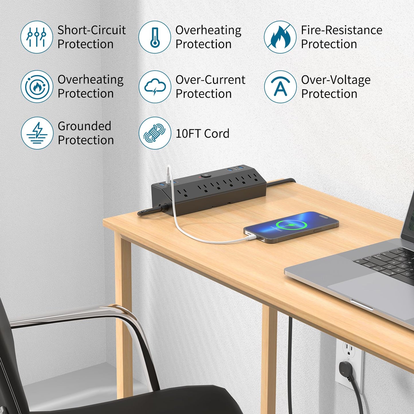 40W Fast Charging Desk Clamp Power Strip 2 PD USB C Desk Charging Station,10FT Desk Extension Cord Flat Plug with 6 AC/6 USB,Fararaka Removable Desk Surge Protector Power Strip Fits 1.8" Tabletop Edge