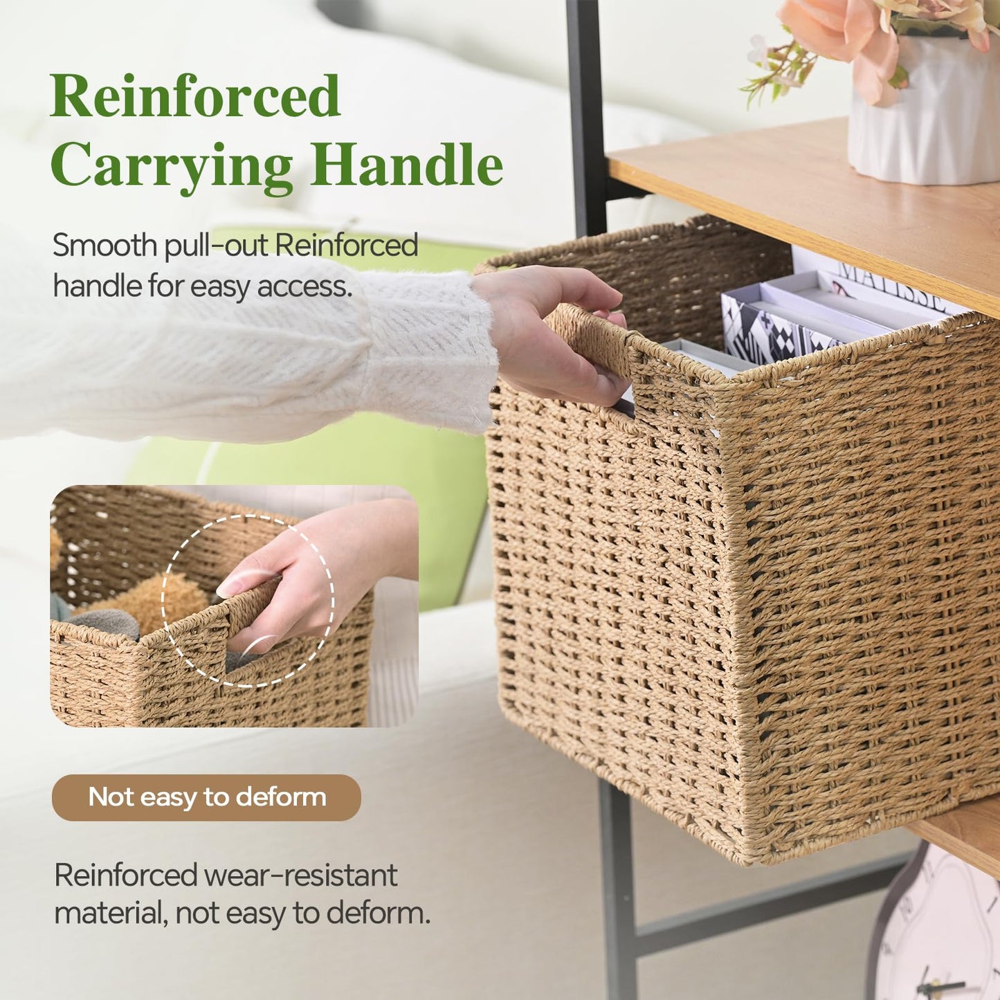 Woven Wicker Storage Baskets 2-Pack, 11x11 Handwoven Paper Rope Organizer Bins, Foldable Cube Storage Cubes with Built-in Handles for Shelves and Closet Organization(Natural Beige)
