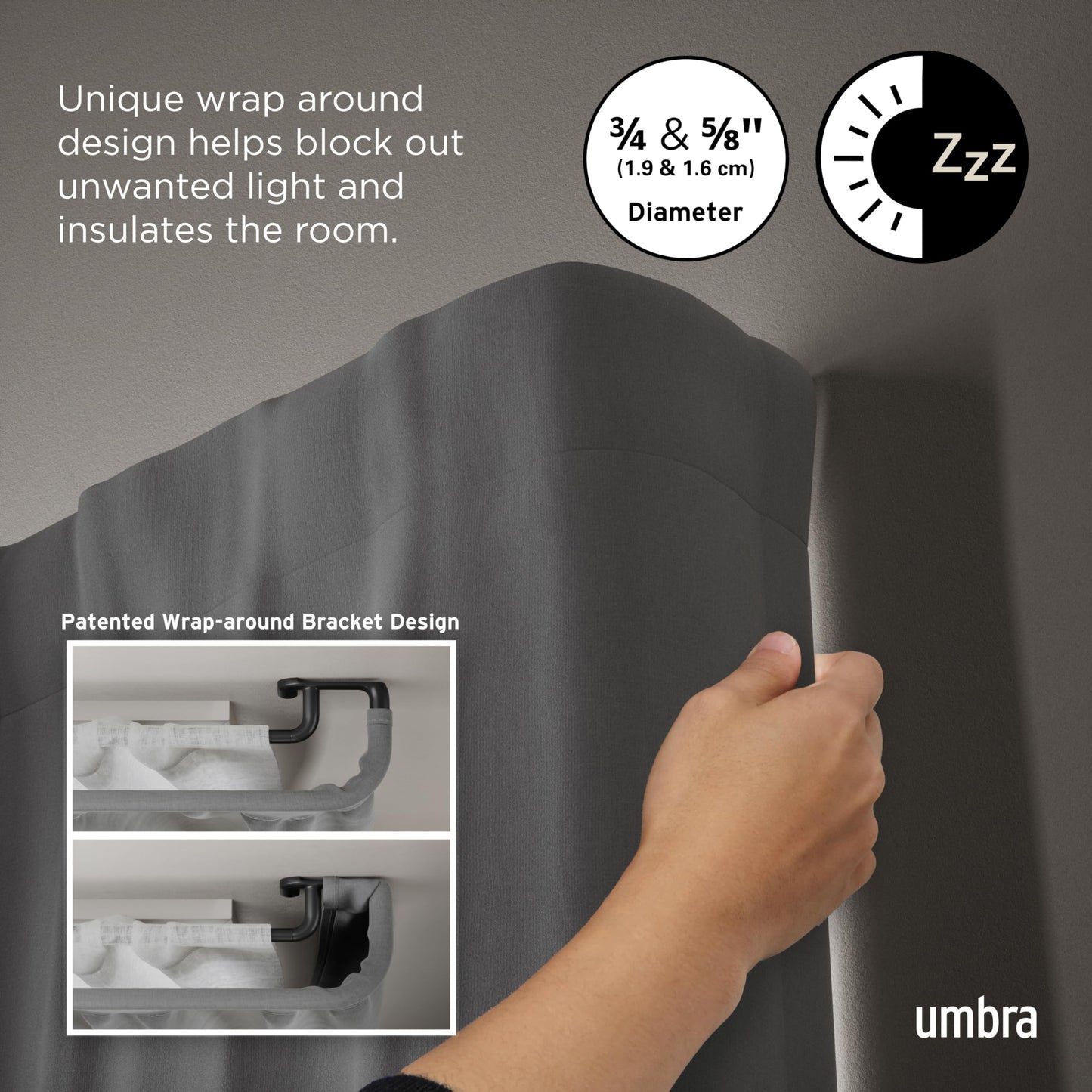 Umbra Twilight Double Curtain Rod Set – Wrap Around Design Ideal for Blackout or Room Darkening Panels, 30 to 84 Inches, Black