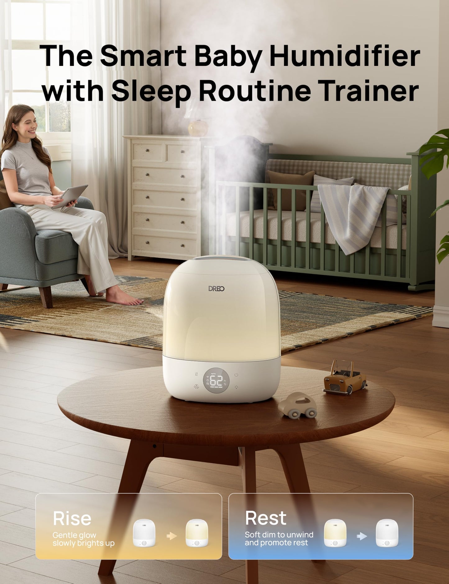 DREO Humidifiers for Bedroom - 30H Max Runtime & RGB Night Light & Sleep Trainer, Ultra Quiet 28dB Cool Mist Humidifier, Top Fill Smart Air Humidifier for Plants, Perfect for Baby & Nursery, HM409S