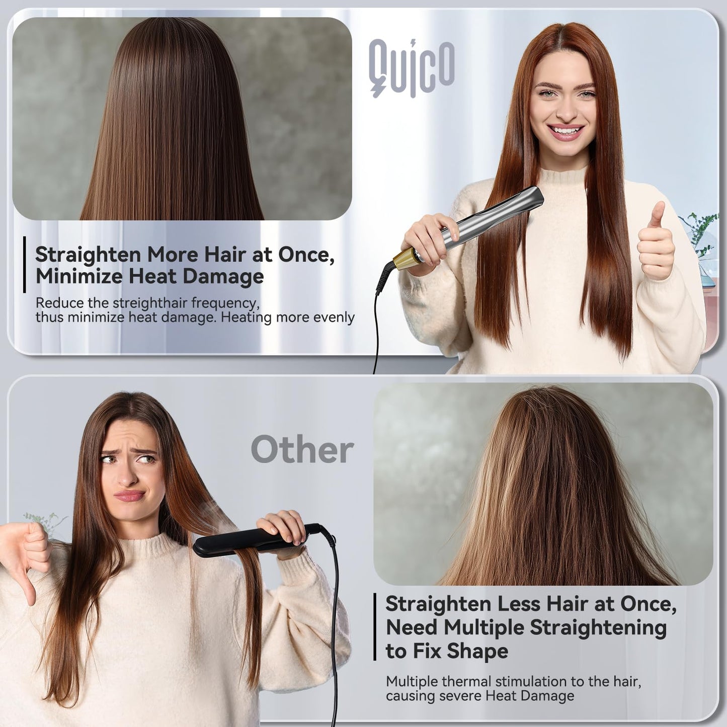 Professional Hair Straightener Flat Iron, Quico Global Use 120-240V Straightener, 12s Fast Heating, Unique Small Waist Hair Straighteners for Women Negative Ion, Ceramic Plate, Auto Off, Glove & Clip