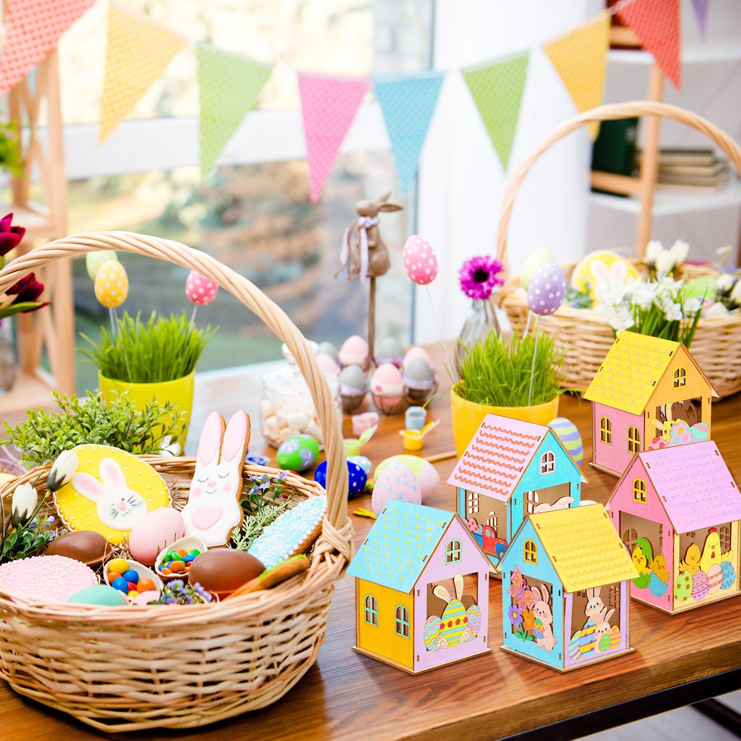 Jenaai 24 Sets Wooden Spring Houses Craft Kit DIY Bulk Easter Village Sets 3D Wood Bunny House Crafts to Paint Art for Spring Easter Gift Party Supplies Table Decorations