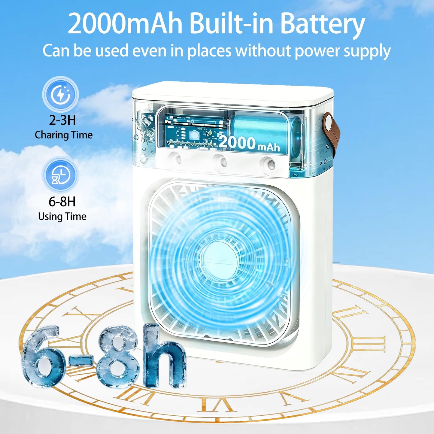 Portable Air Conditioners, 2000mAh Rechargeable Mini Air Cooler Fans, 500ML Personal Portable AC Unit with 3 Speed, 2 Spray, 7 Color, 3 Timer, Small Desktop Cooling Fan for Bedroom Office (White)