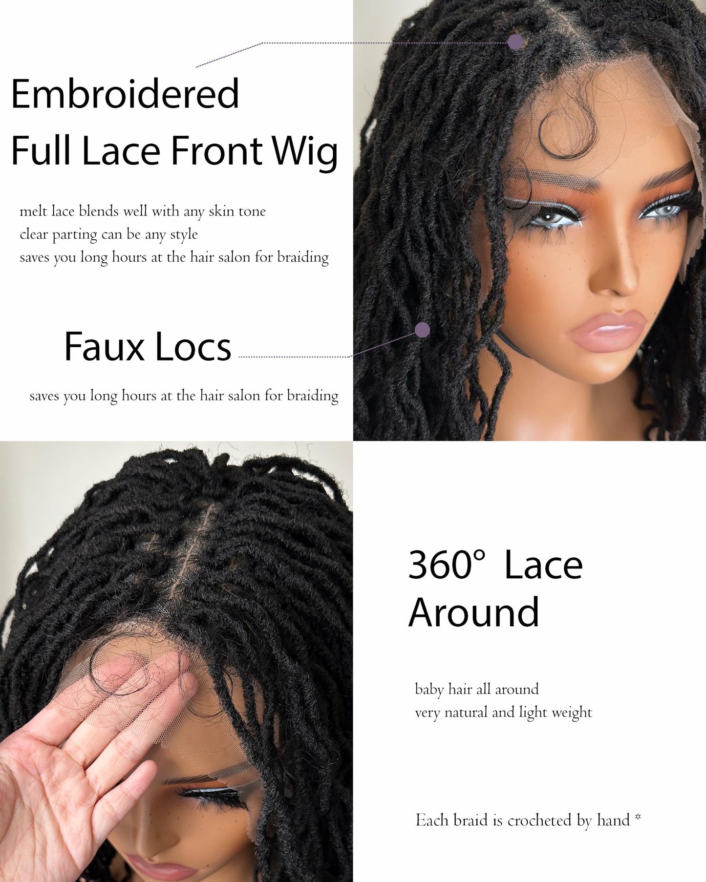 X-TRESS Braided Wig Faux Locs Wigs for Black Women Embroidered Full Lace Front Braided Wigs with Baby Hair 14 Inch Black Color Synthetic Lace Front Wig Braid Hair Wig Short Twist Wig