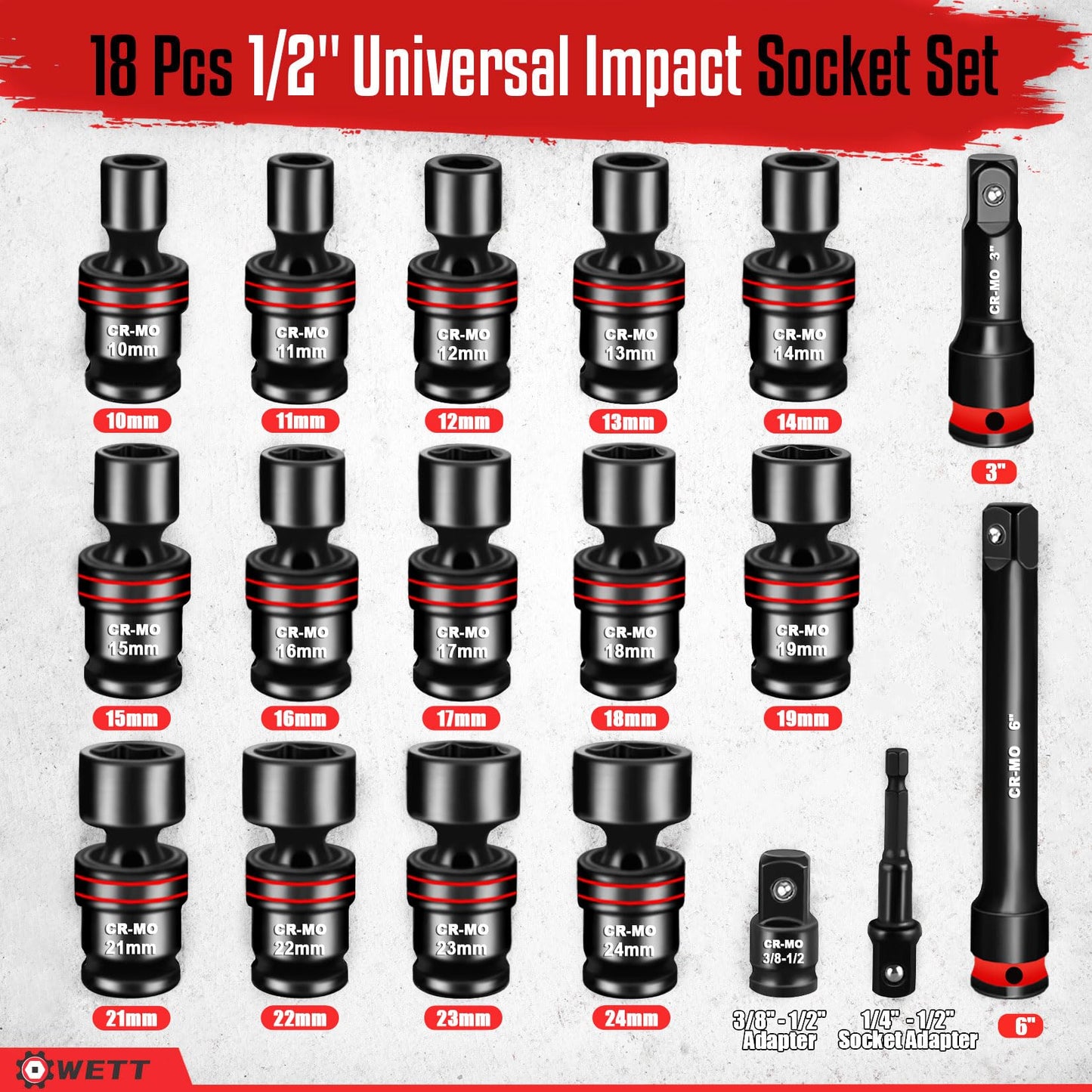 WETT 18-Piece 1/2" Drive Shallow Impact Universal Joint Socket Set, Metric Swivel Socket Set (10-24mm), Flexible Wobble Sockets with 3", 6" Extension Bar, Adapter, 6 Point, CR-MO Steel
