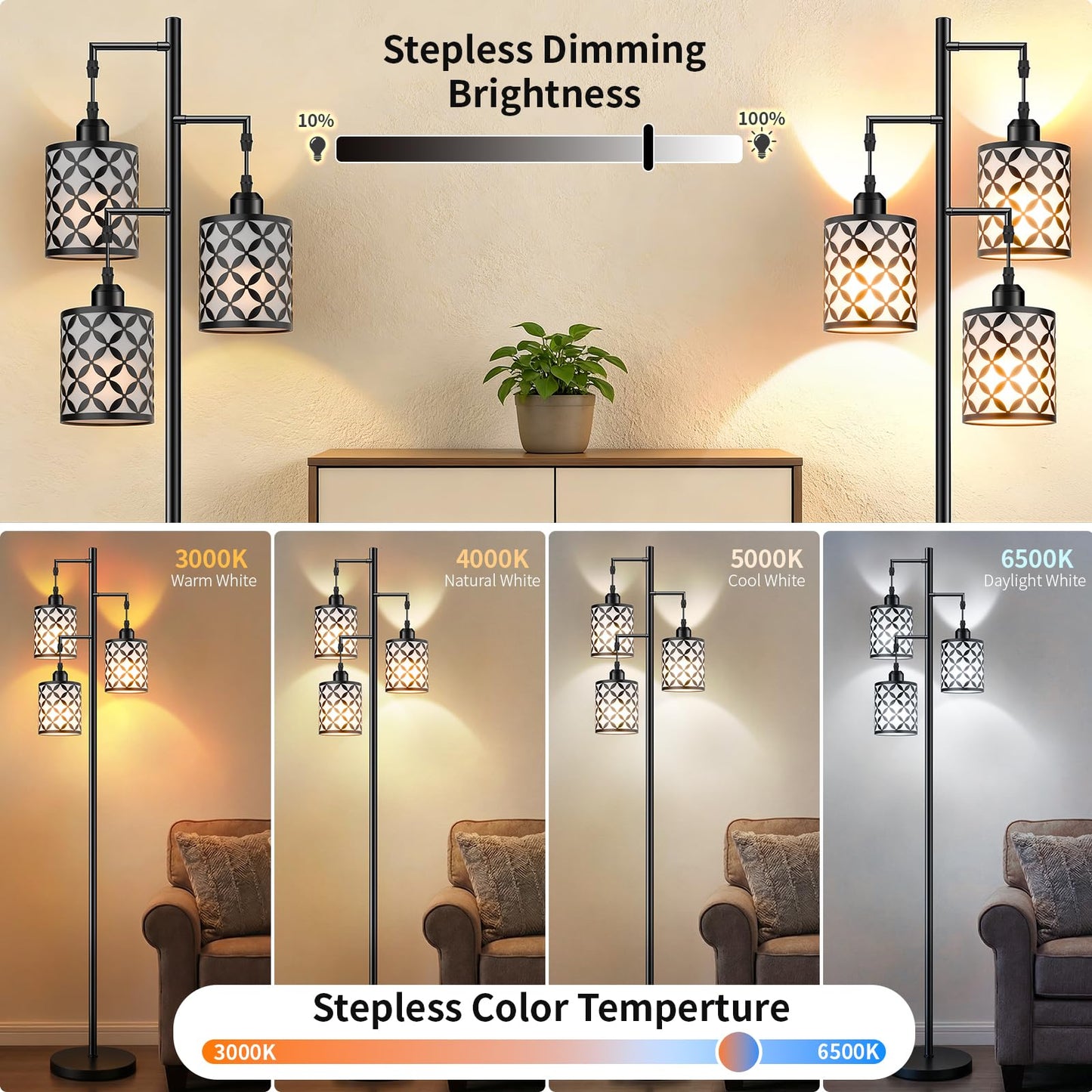 GHOOCEMLUX Dimmable Floor Lamp, Farmhouse Standing Lamp with Elegant Metal Cage, Industrial Tall Tree Floor Lamps for Living Room, Bedroom, Study Room, Office, 3 x 800LM LED Bulbs Included, 72", Black