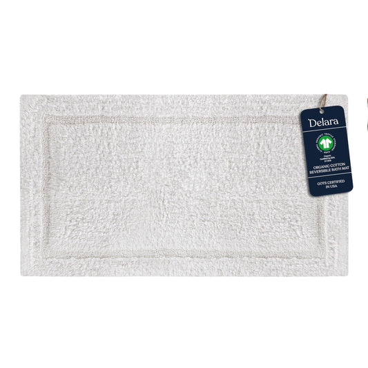 Delara Organic Cotton Reversible Bath Mat – 3000 GSM, GOTS Certified, Ultra-Thick & Super Absorbent | Soft, Plush & Quick-Drying Bathroom Rug (White, 30x50)