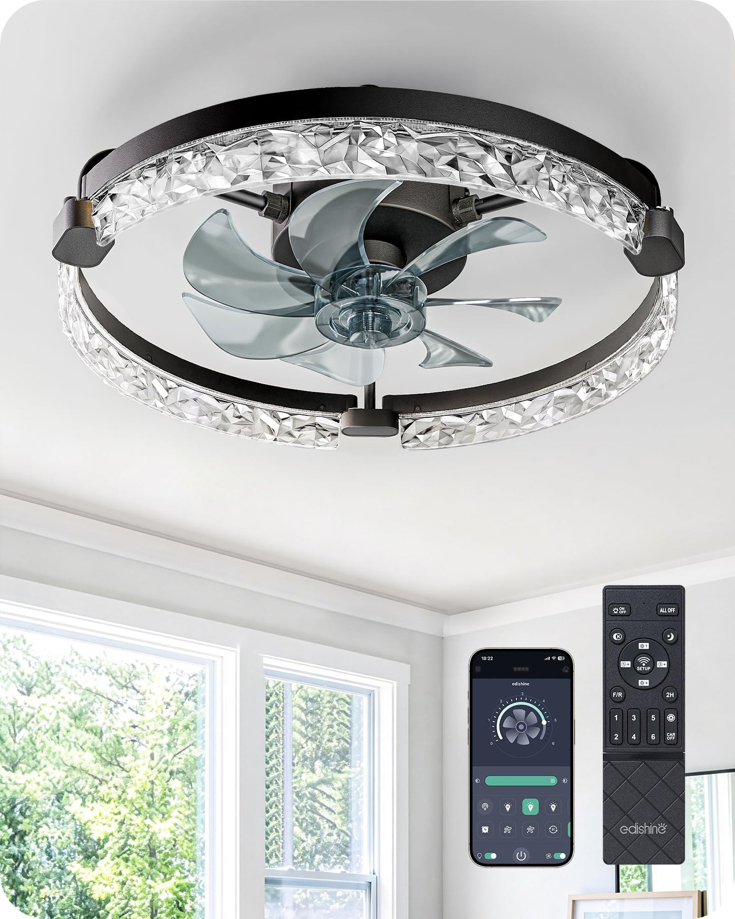 EDISHINE Ceiling Fans with Lights and Remote, 20'' Low Profile Ceiling Fan, 3000-6000K Dimmable, 6 Speeds LED Modern Flush Mount Fan Light, DC Motor, APP Control, Black Fandelier for Bedroom, Kitchen