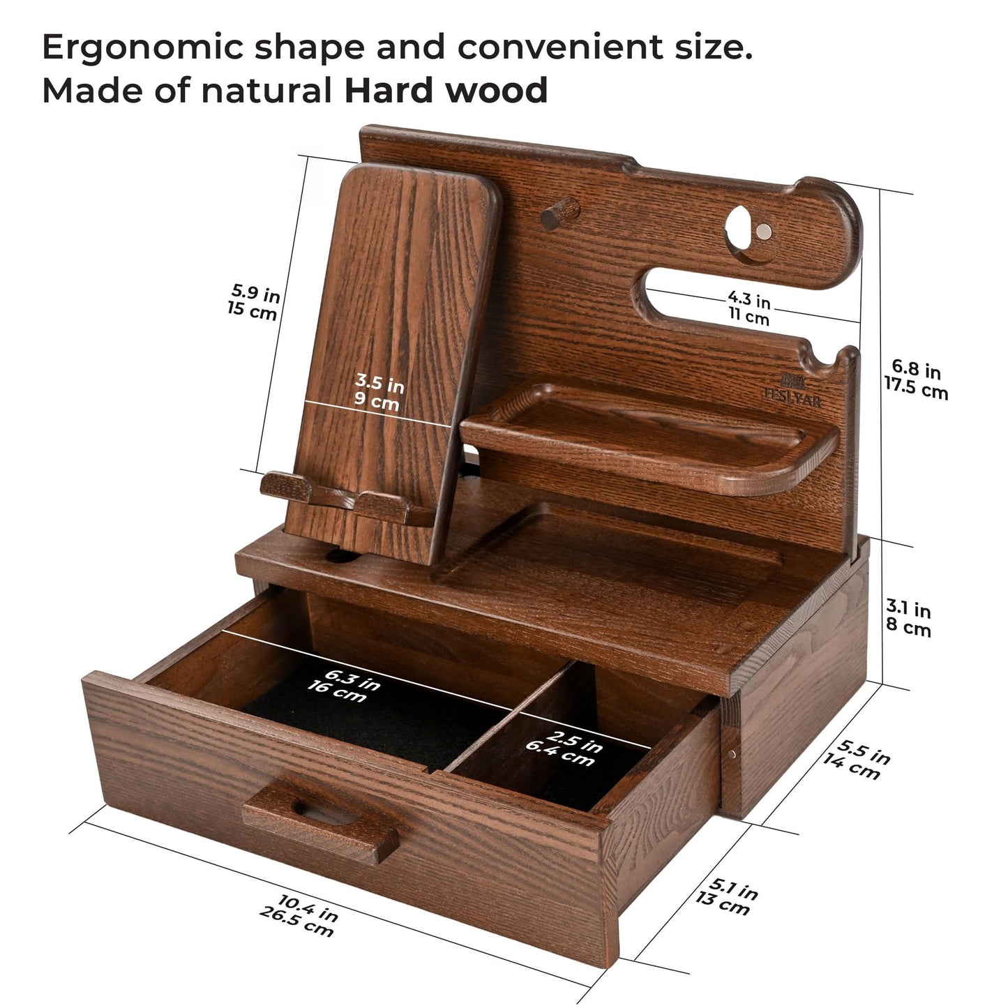 TESLYAR Wood Phone Docking Station with Drawer - Nightstand organizer- Desk Organizer for Husband - Birthday gifts for Men or Dad - Idea for Anniversary - Key Holder Stand Watch & Accessories (Brown)
