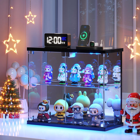 Dystler Lighted Clear Glass Display Case - for Figures & Collectibles, Small 2-Tier Display Cabinet with Charging Station, LED Display Box with Lights & Human Sensor, for Model Car, Perfume, Black