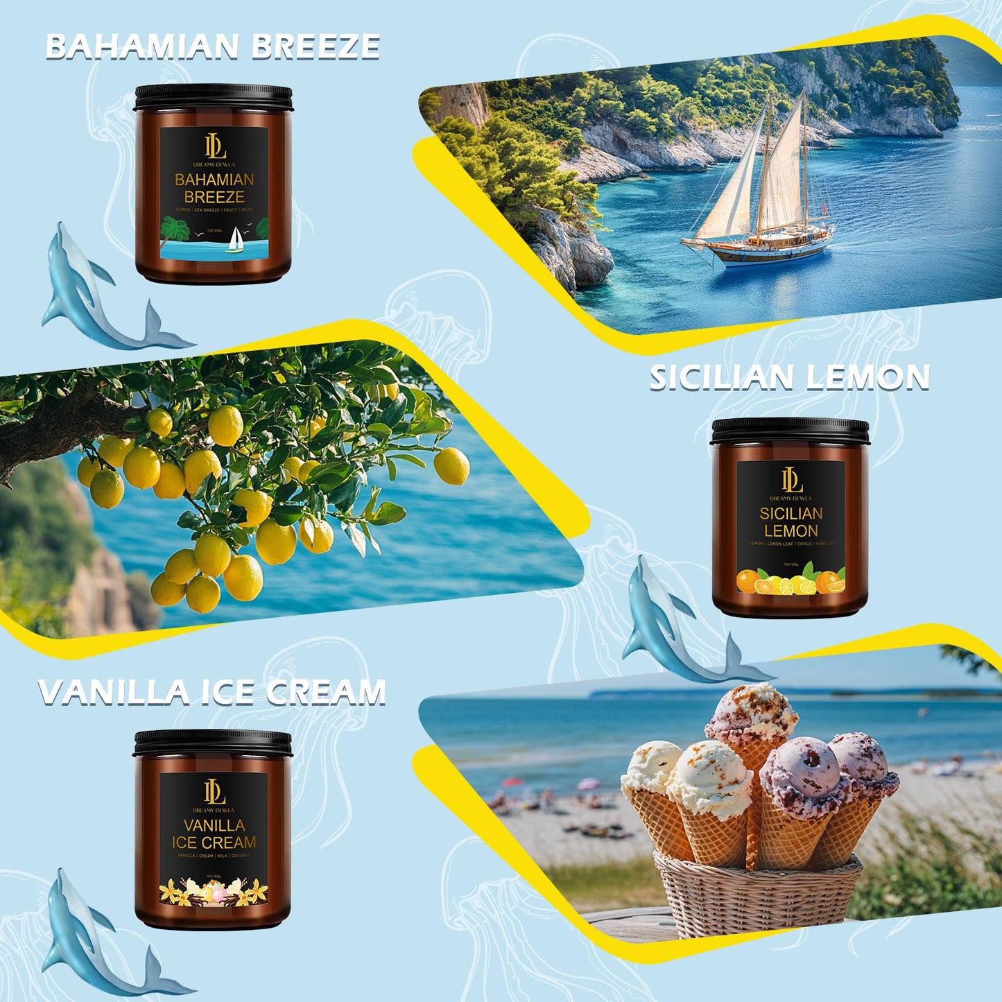 6 Pack Scented Candles Set, 42oz 300 Hour Long Lasting Candle, Soy Candles for Home Scented, Scents of Coconut Vanilla/Pineapple Cocktail/Sicilian Lemon/Pink Sands/Bahama Breeze/Vanilla Ice Cream
