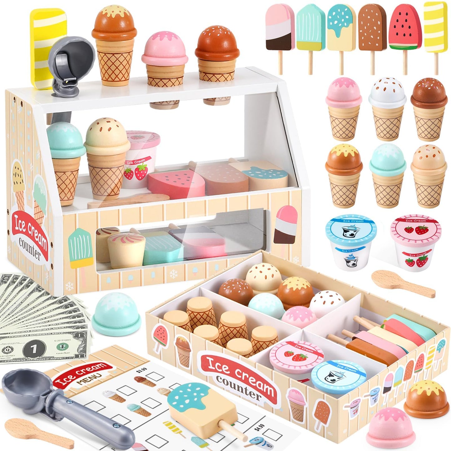 WHOHOLL Wooden Ice Cream Counter Playset for Toddler Girl Toys, 45 Pcs Play Store Pretend Toy Food Play Kitchen Accessories with Scoop & Fake Money, Christmas Birthday Gifts for 3 4 5 6